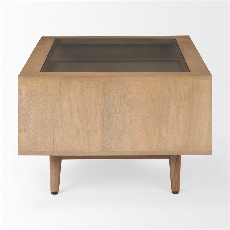 Maklaine Solid Wood and Tempered Glass Top Coffee Table in Light Brown