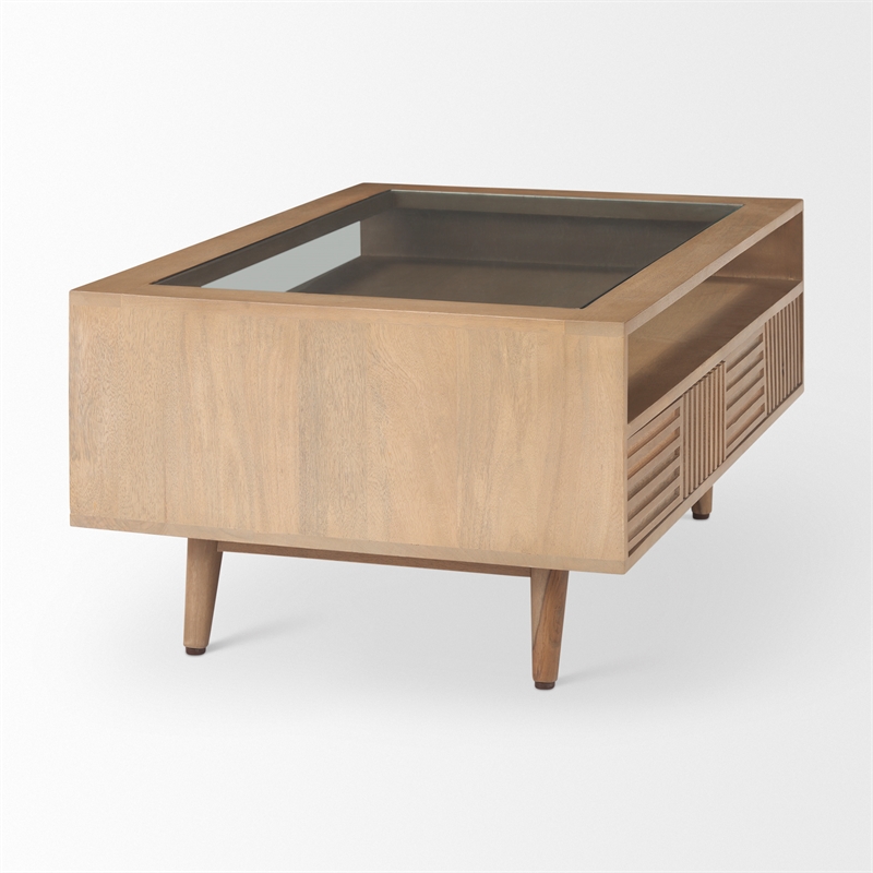Maklaine Solid Wood and Tempered Glass Top Coffee Table in Light Brown