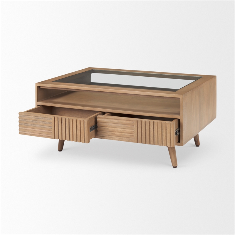 Maklaine Solid Wood and Tempered Glass Top Coffee Table in Light Brown