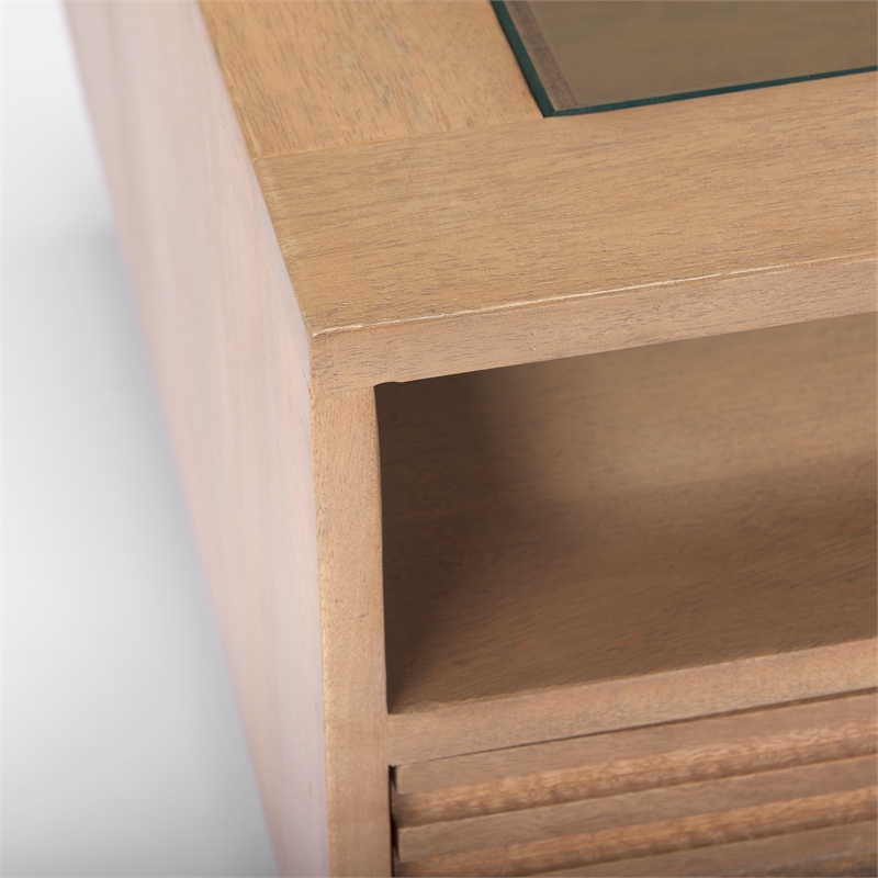 Maklaine Solid Wood and Tempered Glass Top Coffee Table in Light Brown