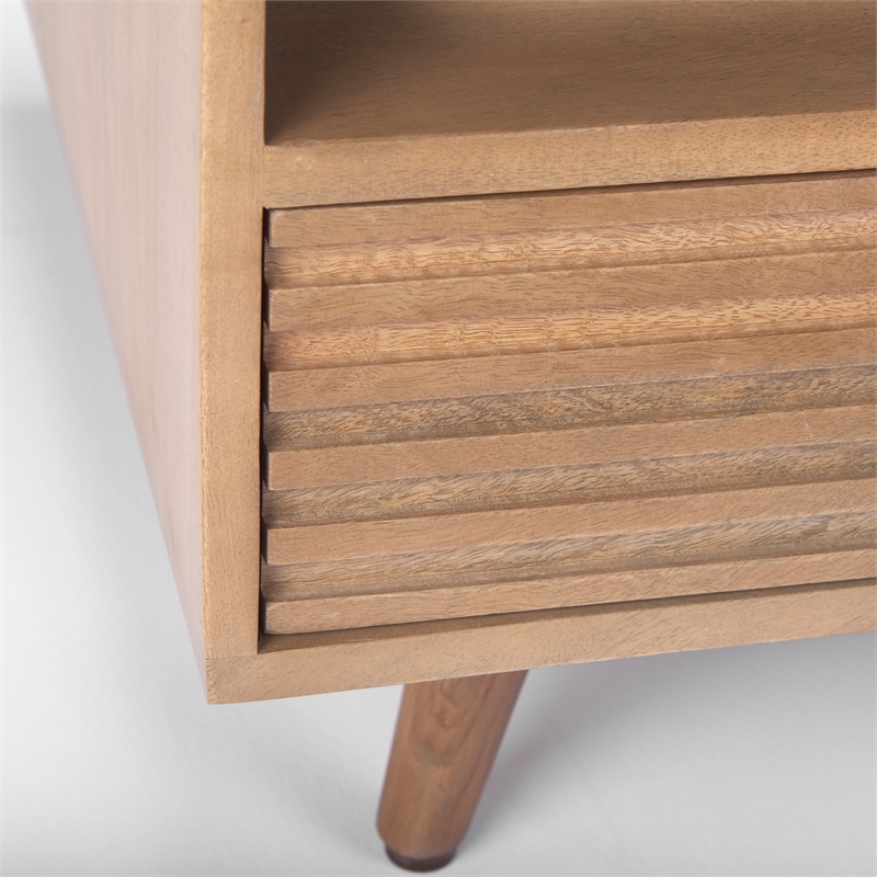 Maklaine Solid Wood and Tempered Glass Top Coffee Table in Light Brown