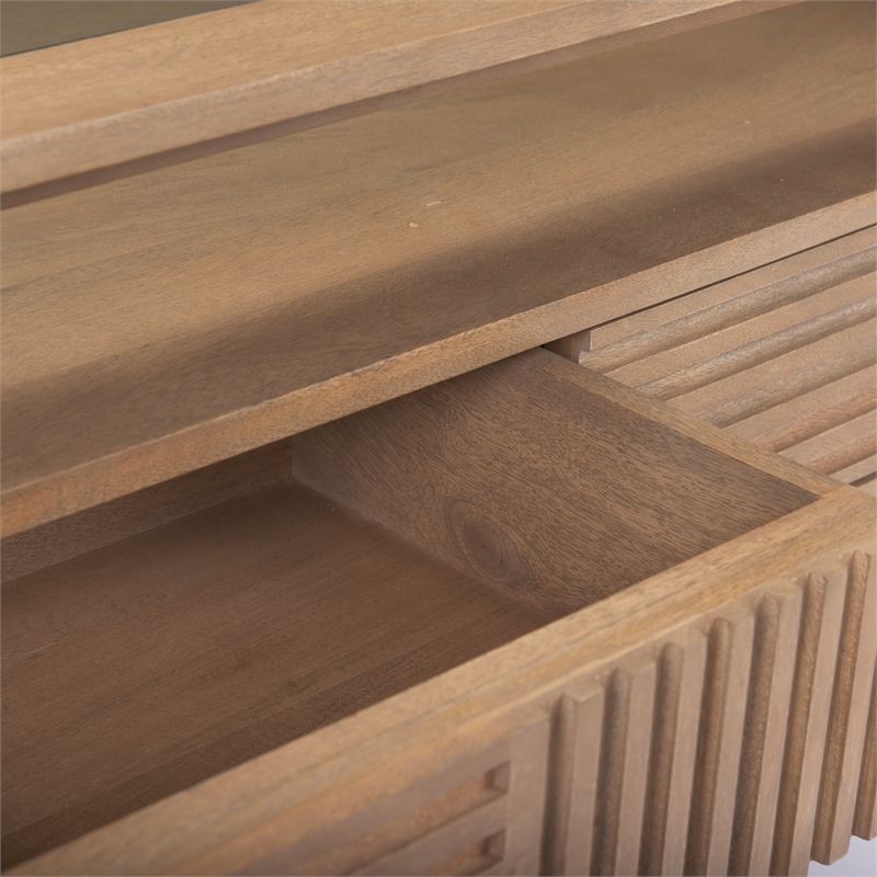 Maklaine Solid Wood and Tempered Glass Top Coffee Table in Light Brown