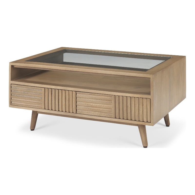 Maklaine Solid Wood and Tempered Glass Top Coffee Table in Light Brown