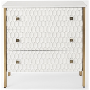 Maklaine White Wood Fir Veneer and Gold 3 Drawer Cabinet