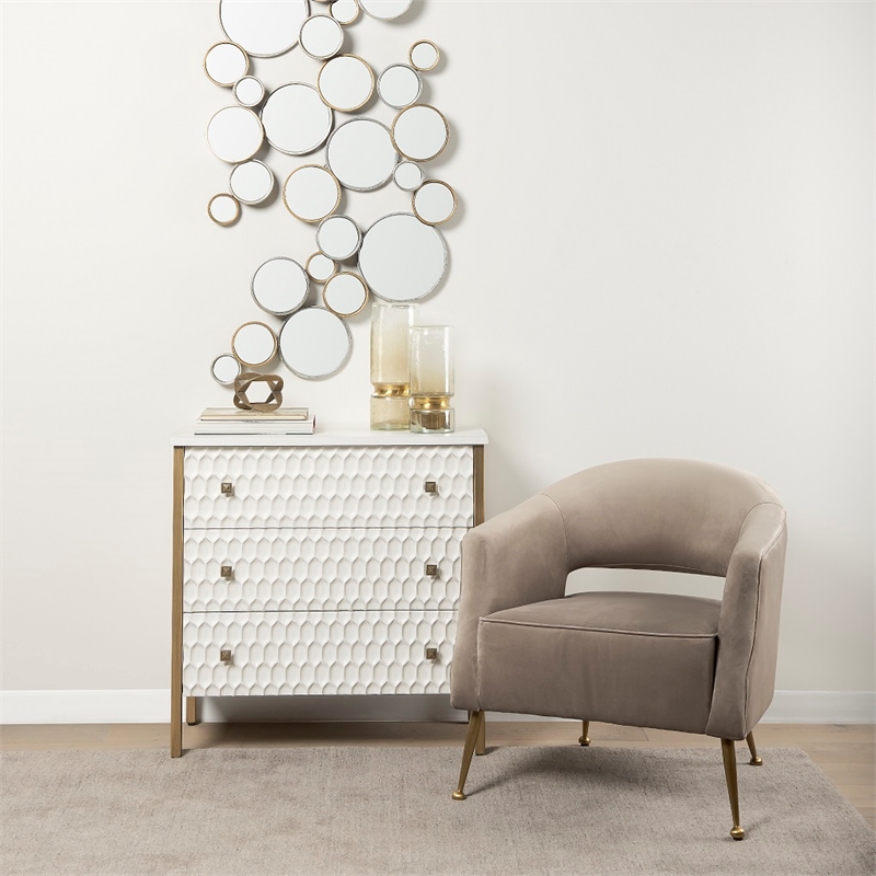 Maklaine White Wood Fir Veneer and Gold 3 Drawer Cabinet