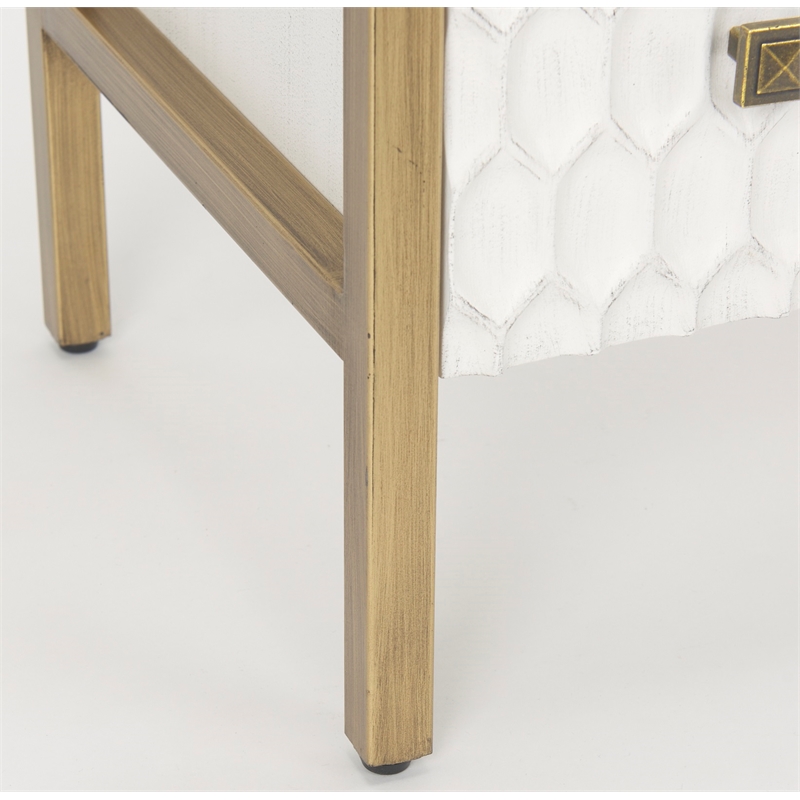 Maklaine White Wood Fir Veneer and Gold 3 Drawer Cabinet