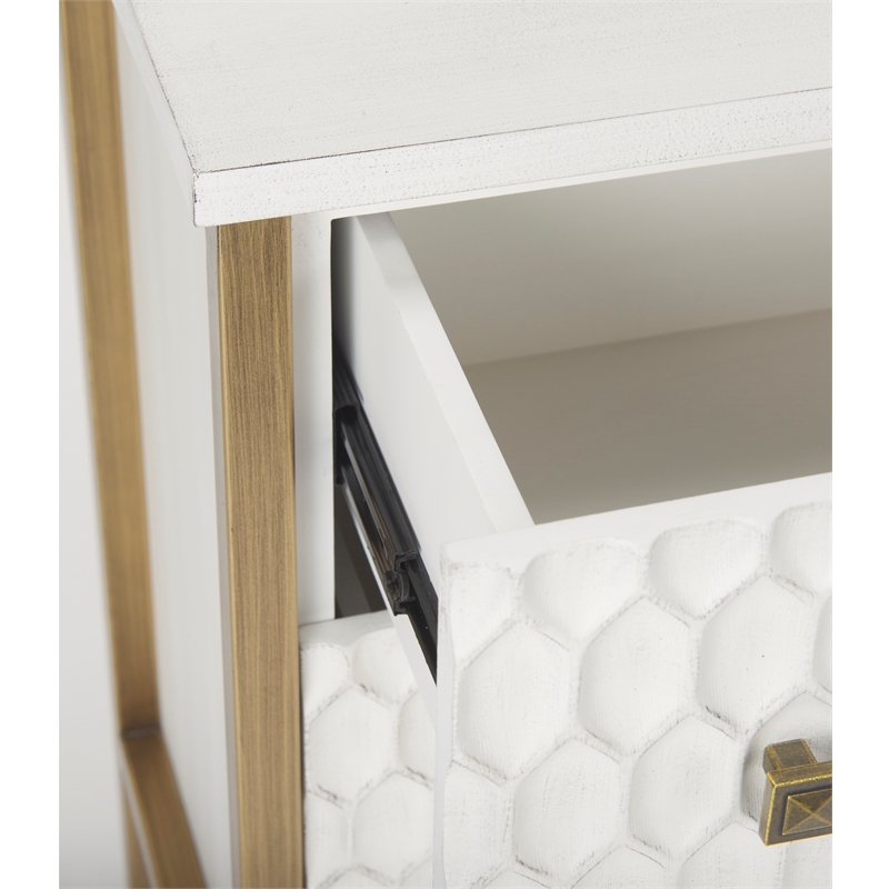Maklaine White Wood Fir Veneer and Gold 3 Drawer Cabinet