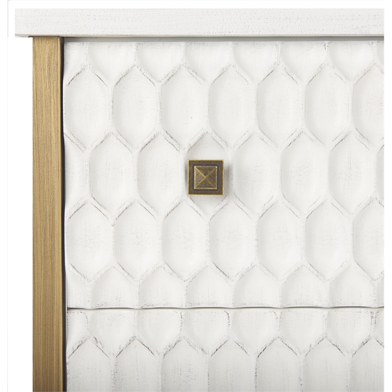 Maklaine White Wood Fir Veneer and Gold 3 Drawer Cabinet