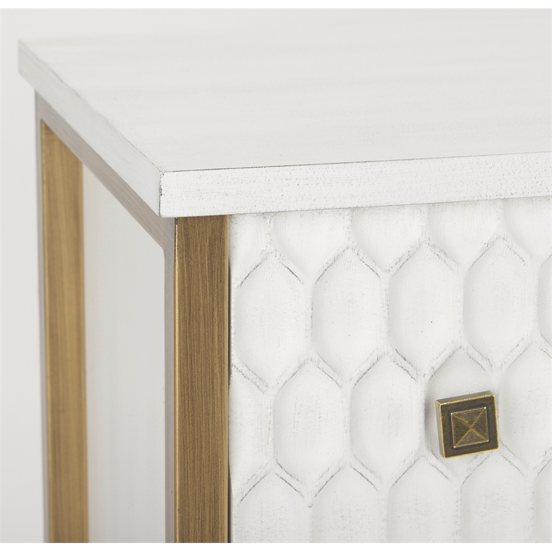 Maklaine White Wood Fir Veneer and Gold 3 Drawer Cabinet