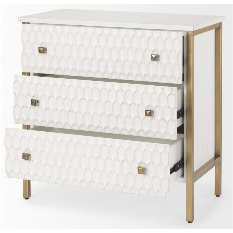 Maklaine White Wood Fir Veneer and Gold 3 Drawer Cabinet