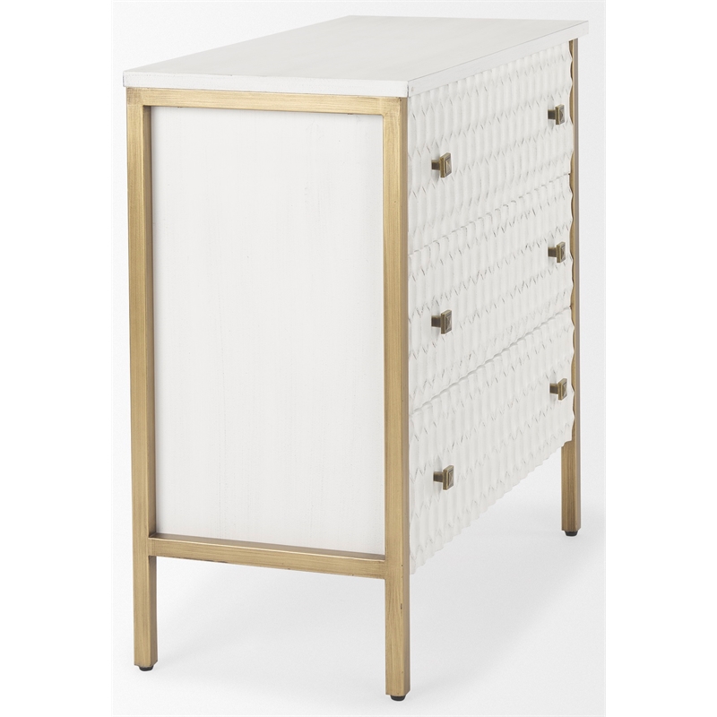 Maklaine White Wood Fir Veneer and Gold 3 Drawer Cabinet