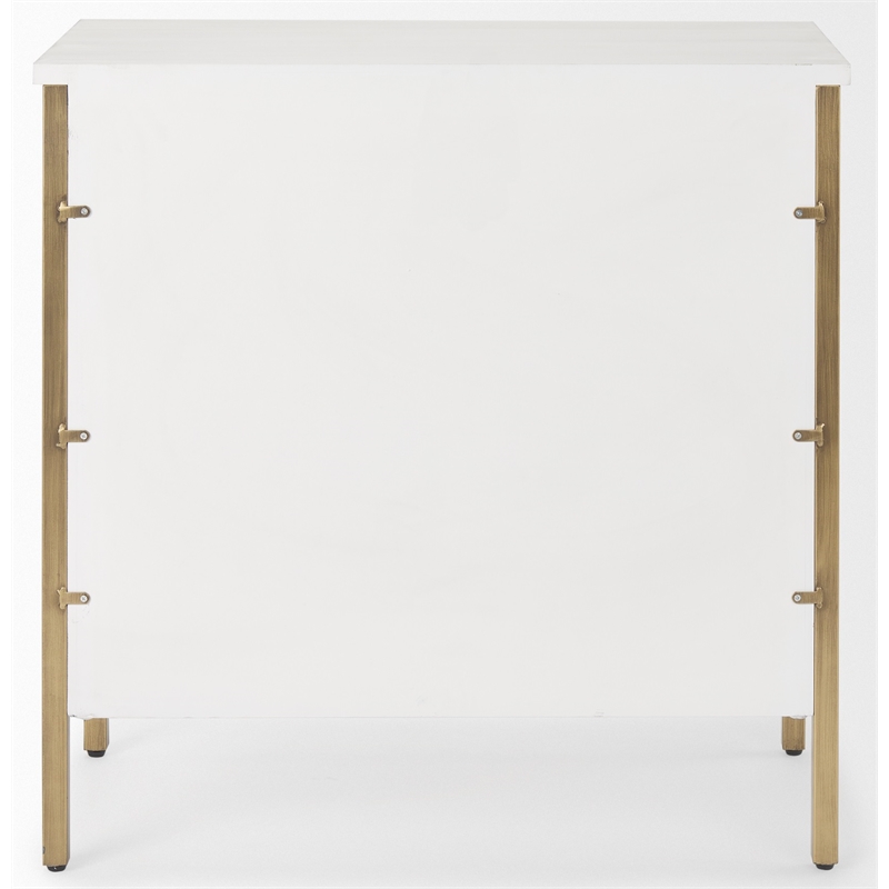 Maklaine White Wood Fir Veneer and Gold 3 Drawer Cabinet