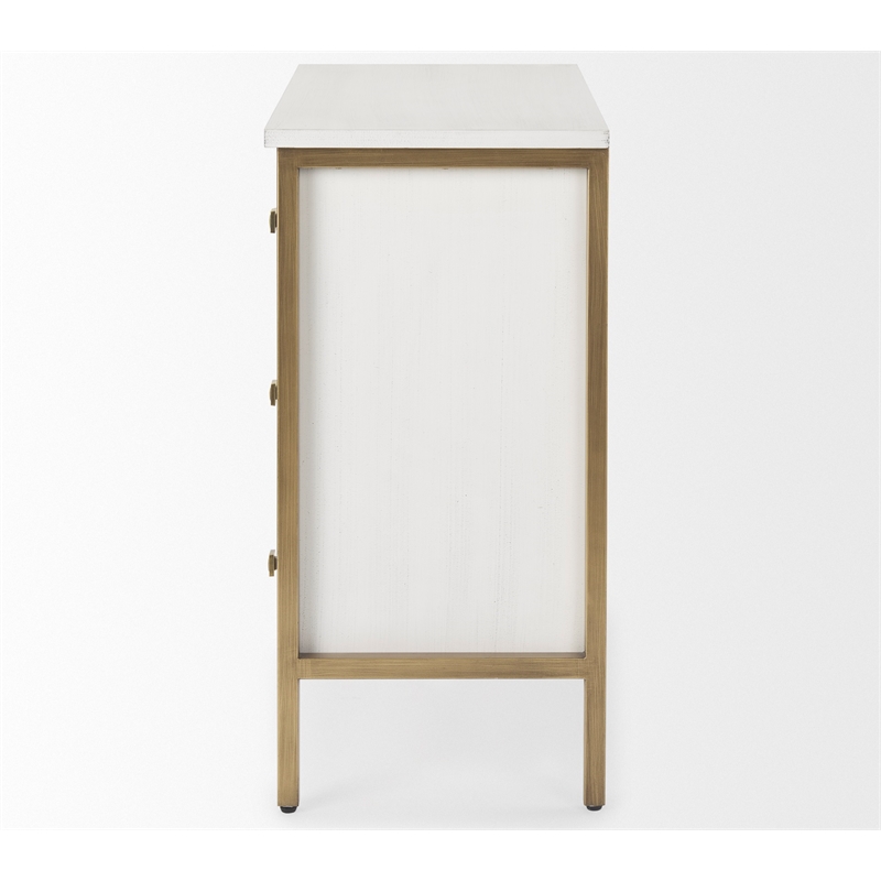Maklaine White Wood Fir Veneer and Gold 3 Drawer Cabinet