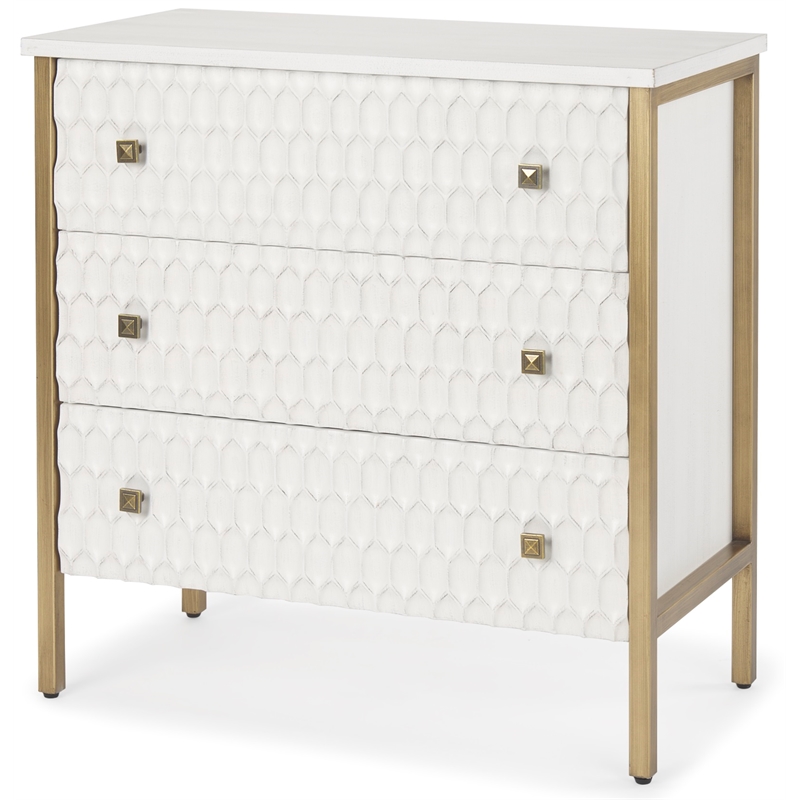 Maklaine White Wood Fir Veneer and Gold 3 Drawer Cabinet