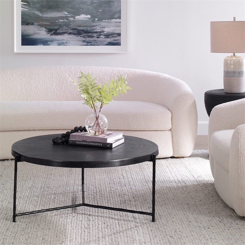 Maklaine Round Top Modern Aluminum Coffee Table in Black Finish