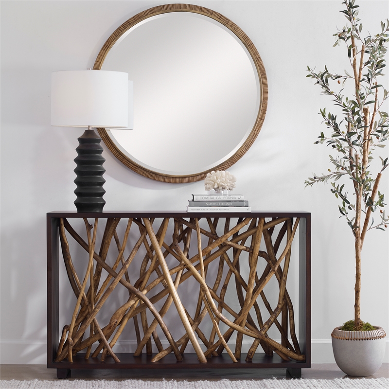 Maklaine Transitional Wood Console Table in Natural / Walnut Finish
