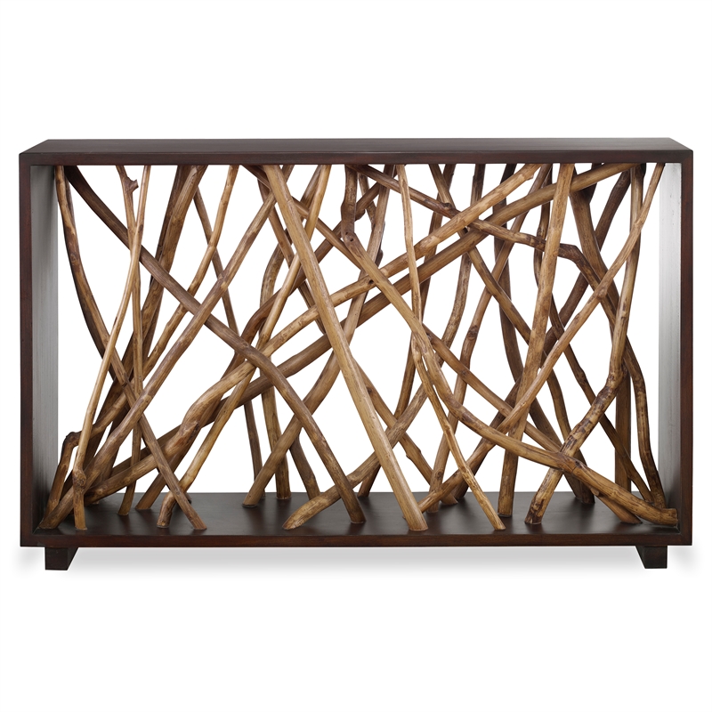 Maklaine Transitional Wood Console Table in Natural / Walnut Finish