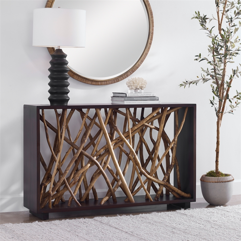 Maklaine Transitional Wood Console Table in Natural / Walnut Finish