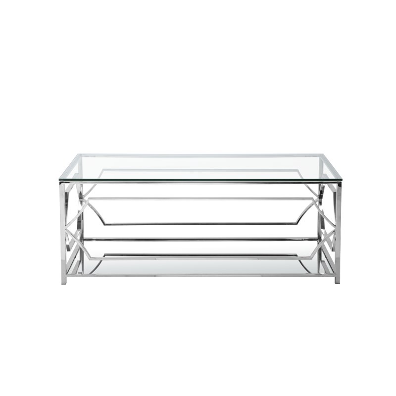 Maklaine Metal Rectangle Coffee Table with Glass in Silver Finish