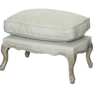 Maklaine 20&quot Wood Ottoman in Antique White & Beige Linen Fabric