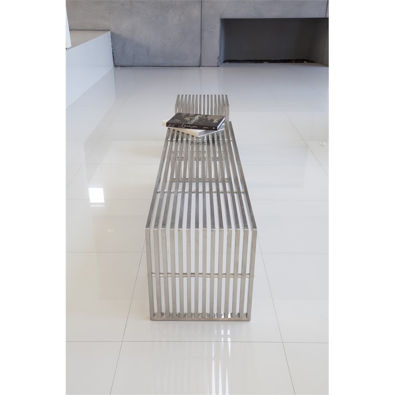 Maklaine Rectangular Modern Brushed Steel Metal Bench in Silver
