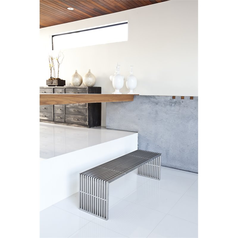 Maklaine Rectangular Modern Brushed Steel Metal Bench in Silver