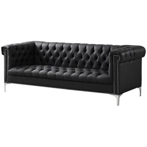 Maklaine Button Tufted Leather Chesterfield Sofa in Black/Chrome