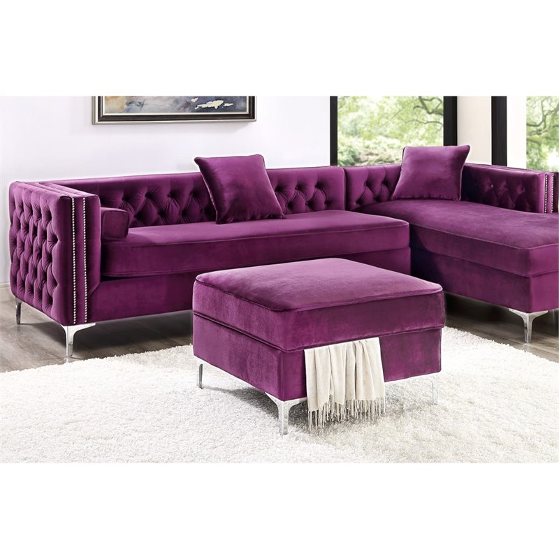 Maklaine Tufted Velvet Storage Ottoman with Chrome Legs in Purple