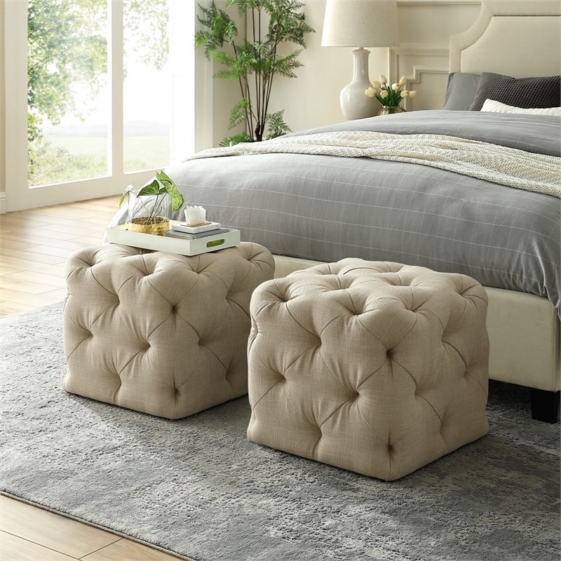Maklaine Mid-Century Modern Linen Fabric Square Ottoman in Beige Finish