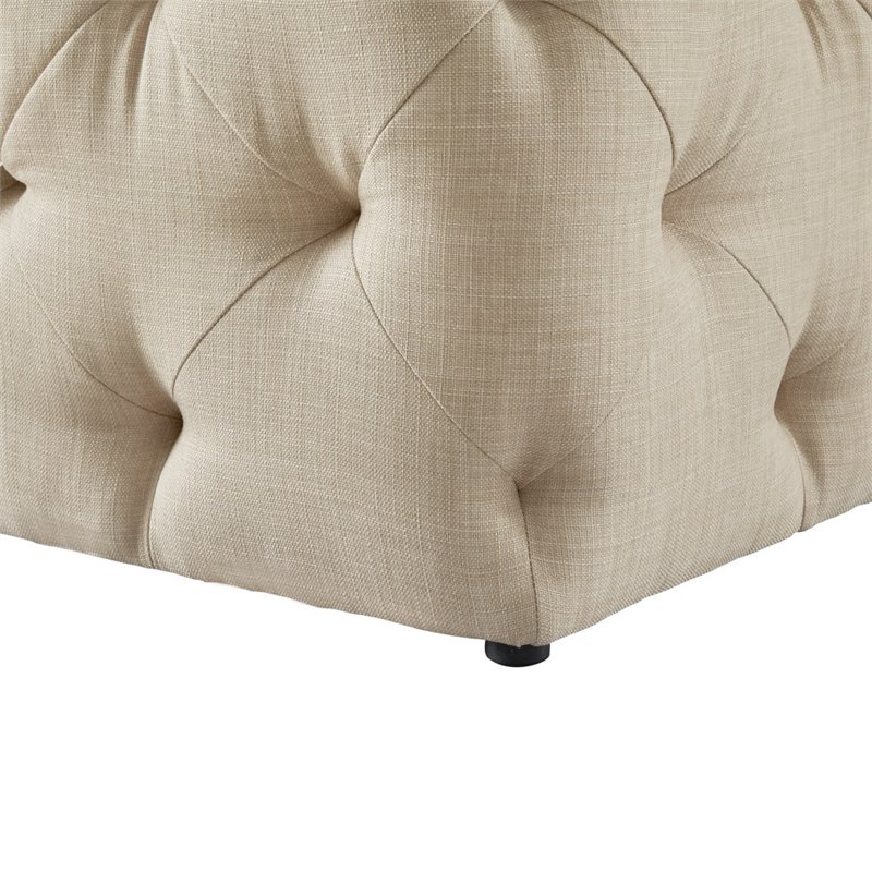 Maklaine Mid-Century Modern Linen Fabric Square Ottoman in Beige Finish