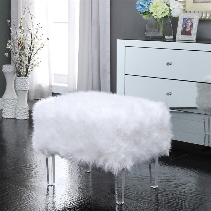 Maklaine Modern Faux Fur Fabric Ottoman with Acrylic Legs in White
