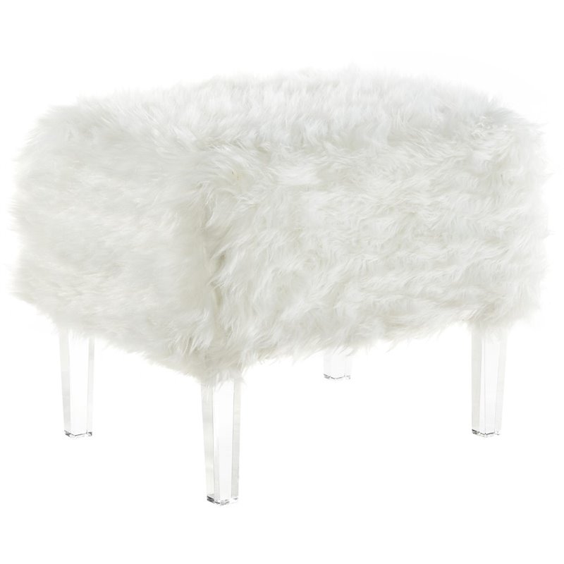 Maklaine Modern Faux Fur Fabric Ottoman with Acrylic Legs in White