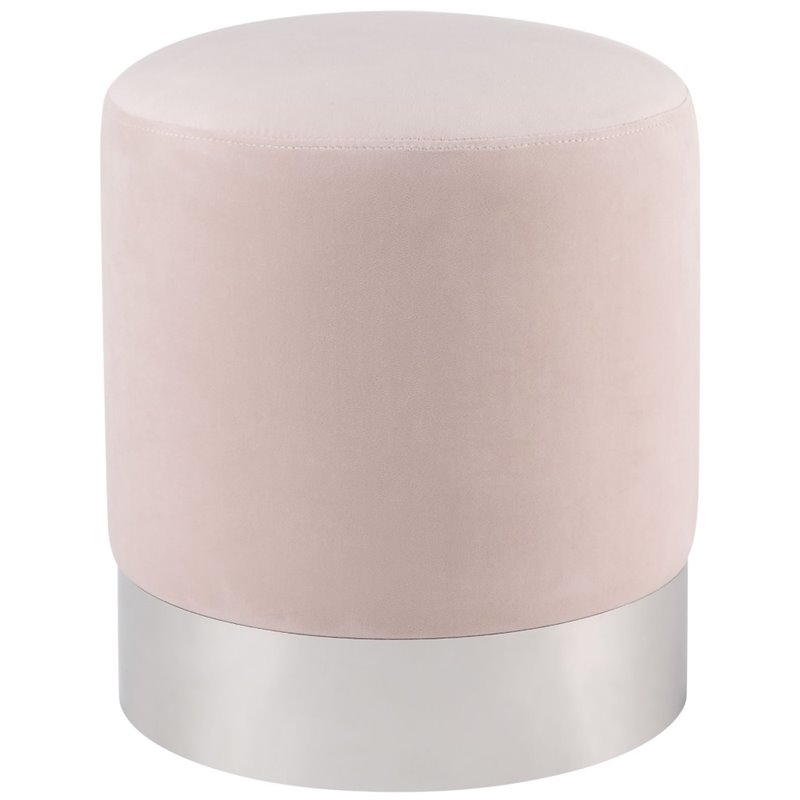Maklaine Velvet Round Ottoman with Metal Base in Blush Pink/Chrome