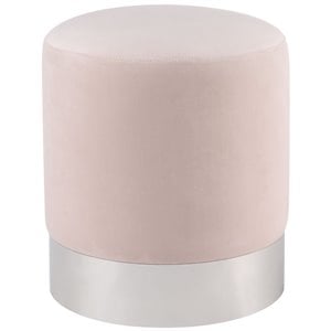 Maklaine Velvet Round Ottoman with Metal Base in Blush Pink/Chrome