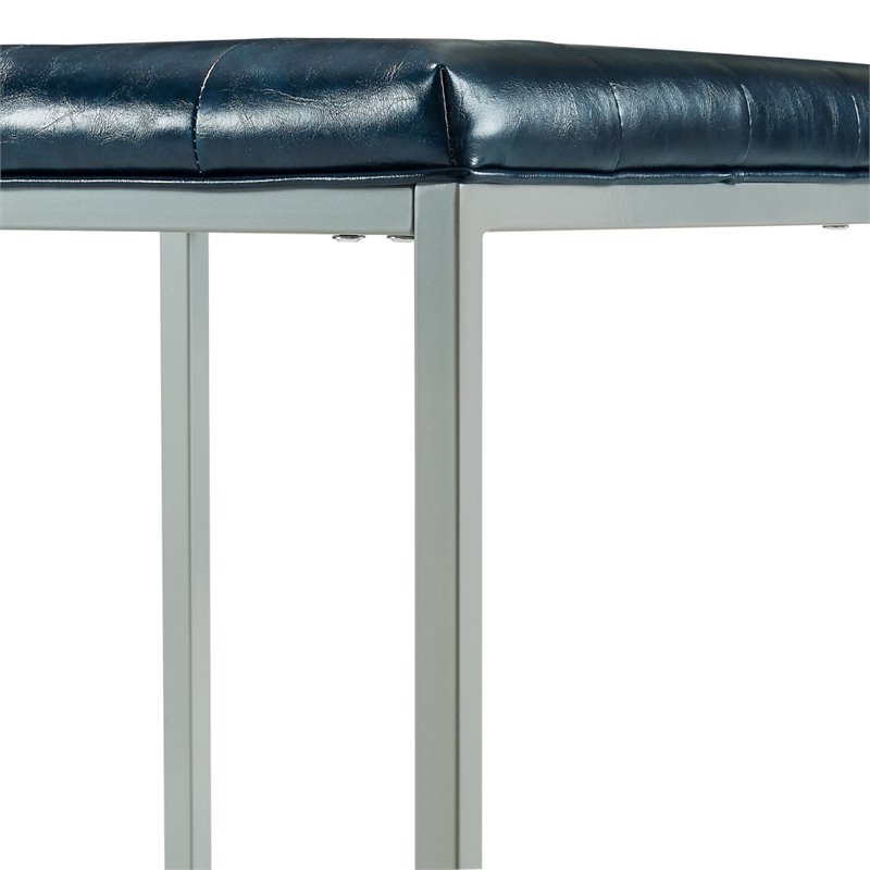 Maklaine Tufted Faux Leather Cube Ottoman with Metal Frame in Blue