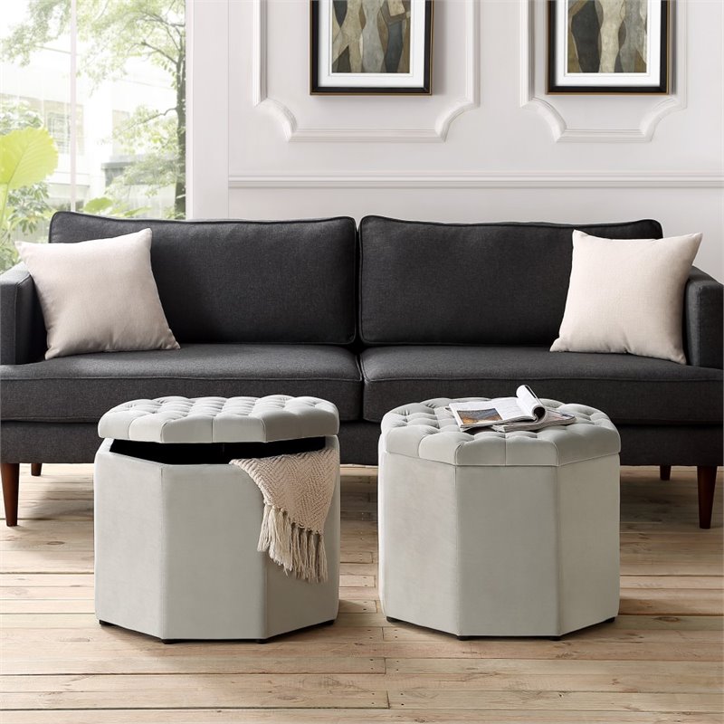 Maklaine Button Tufted Velvet Storage Ottoman in Gray Finish