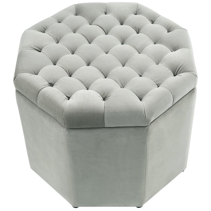 Maklaine Button Tufted Velvet Storage Ottoman in Gray Finish