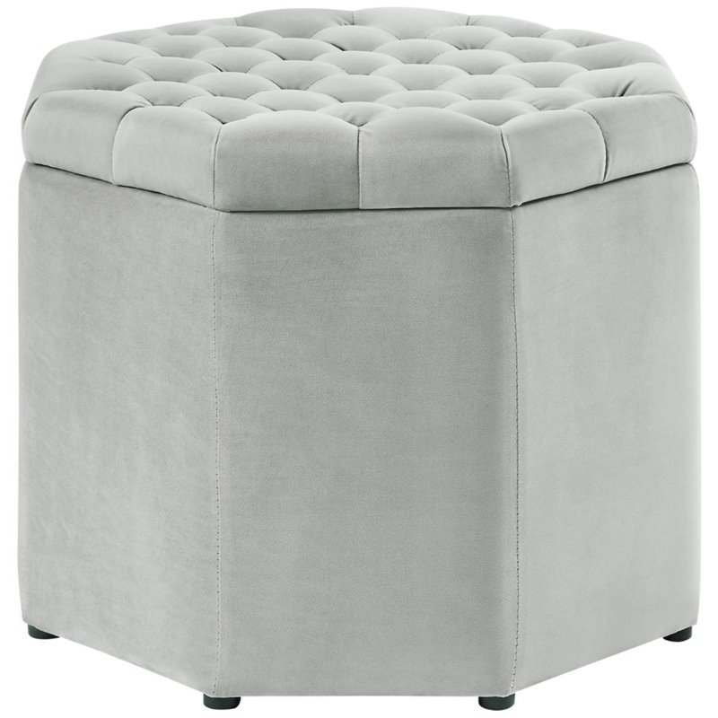 Maklaine Button Tufted Velvet Storage Ottoman in Gray Finish
