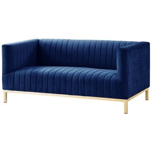 Maklaine Velvet Tuxedo Loveseat with Y-Metal Base in Navy Blue/Gold