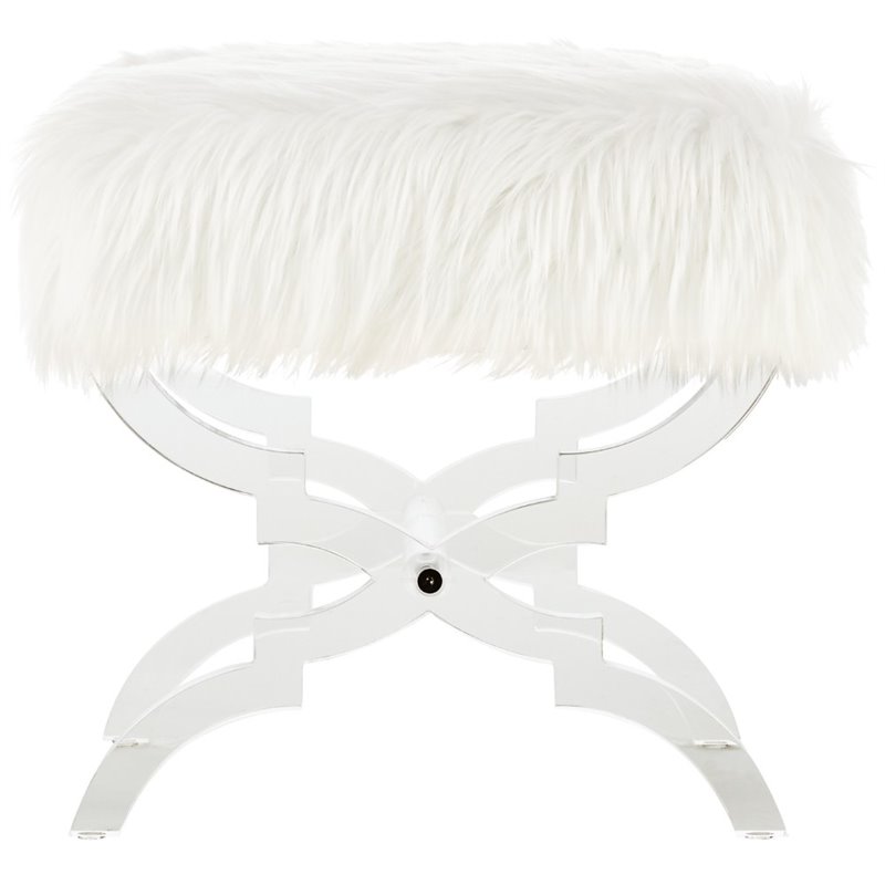 Maklaine Modern Faux Fur Fabric Ottoman with Acrylic X-Legs in Cream