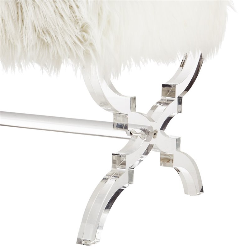 Maklaine Modern Faux Fur Fabric Ottoman with Acrylic X-Legs in Cream
