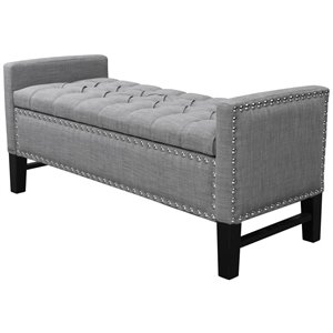 Maklaine Linen Fabric Storage Bench with Nailhead Trim in Light Gray