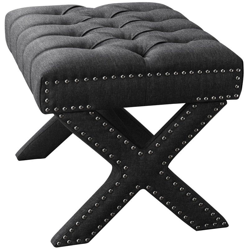 Maklaine Linen Fabric X-Base Ottoman with Nailhead Trim in Dark Gray