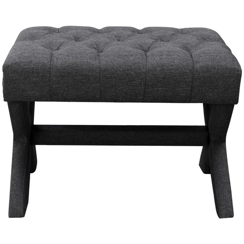 Maklaine Linen Fabric X-Base Ottoman with Nailhead Trim in Dark Gray