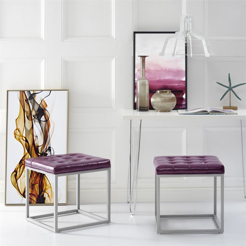 Maklaine Tufted Faux Leather Cube Ottoman with Metal Frame in Purple