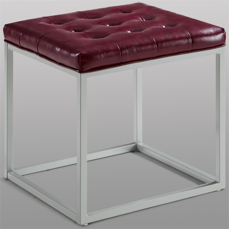 Maklaine Tufted Faux Leather Cube Ottoman with Metal Frame in Purple