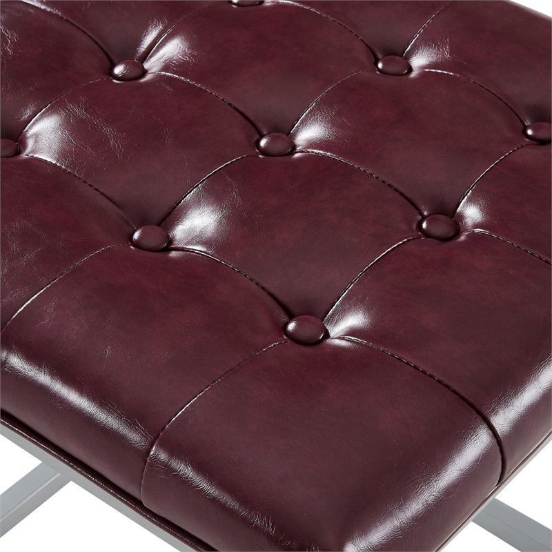 Maklaine Tufted Faux Leather Cube Ottoman with Metal Frame in Purple