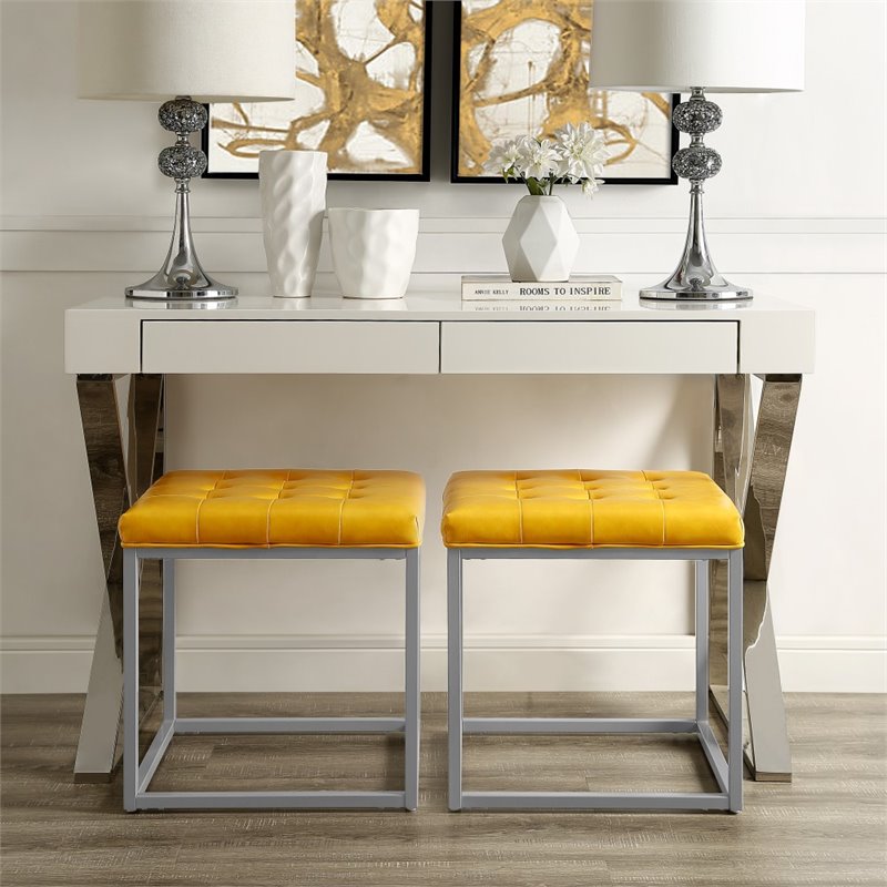 Maklaine Tufted Faux Leather Cube Ottoman with Metal Frame in Yellow