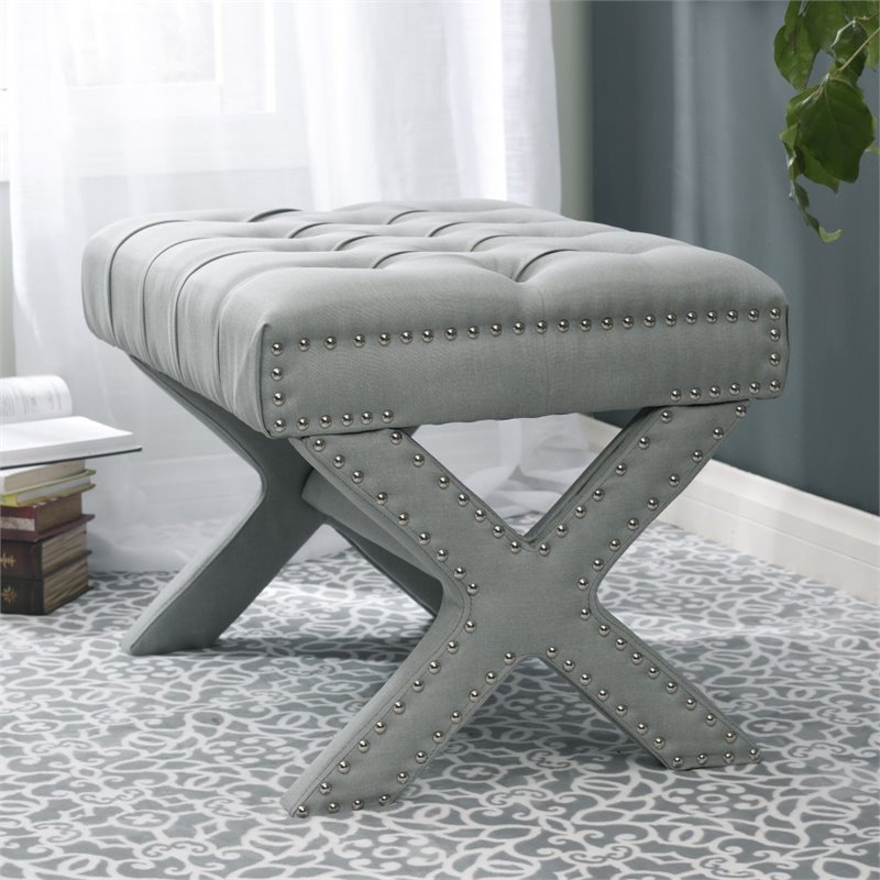 Maklaine Linen Fabric X-Base Ottoman with Nailhead Trim in Light Gray