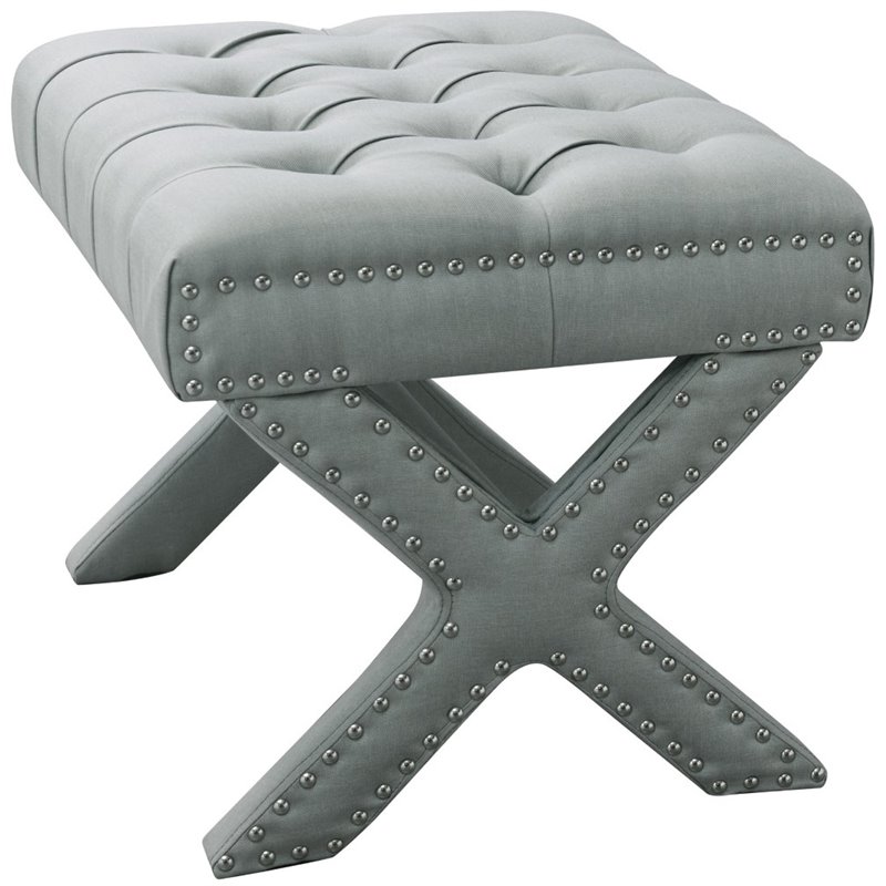 Maklaine Linen Fabric X-Base Ottoman with Nailhead Trim in Light Gray